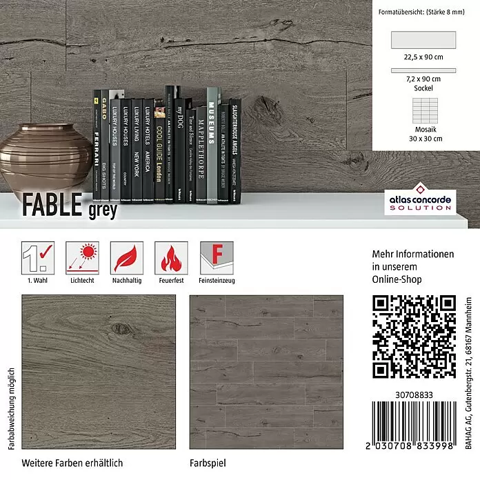 Atlas Concorde Solution Fliesenmuster Fable Grey - 15 x 15 cm, Grau, Matt - Graue Feinsteinzeug-Bodenfliesen in Holzoptik mit natürlicher Maserung und Farbspiel. In Planken- und Mosaikformaten erhältlich.