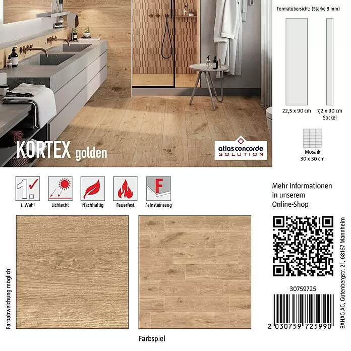 Atlas Concorde Solution Fliesenmuster Kortex Golden - 15 x 15 cm, Hellbraun, Matt - Goldene Feinsteinzeugfliesen in Holzoptik, Kortex golden, auf Badboden und -wand verlegt, eine natürliche Holzoberfläche simulierend.