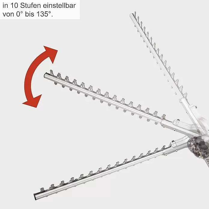 Scheppach Teleskop-Heckenschere ETHT1000 - 1.000 W, Schnittlänge: 41 cm - Silberfarbenes Heckenscherenblatt, in 10 Stufen von 0° bis 135° verstellbar, mit rotem Pfeil zur Bewegungsanzeige.