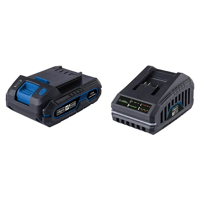 Scheppach IXES 20V Starterkit SBSK2.0 - 20 V, 2 Ah - Scheppach 20 V Akku und Ladegerät. Das Set beinhaltet einen 2,0 Ah Li-Ion Akku und ein passendes Ladegerät für kabellose Werkzeuge.