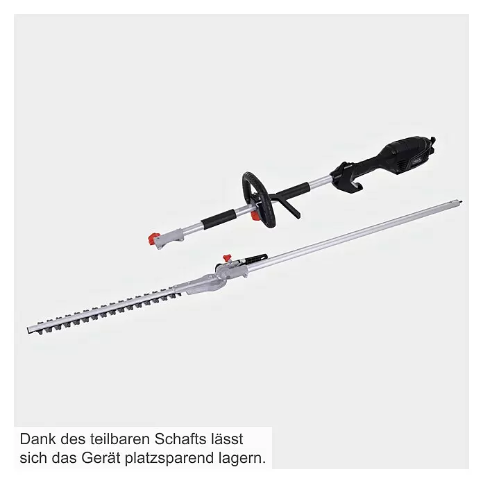 Scheppach Teleskop-Heckenschere ETHT1000 - 1.000 W, Schnittlänge: 41 cm - Modulares Gartengerät: schwarze Antriebseinheit mit D-Griff und silberner Heckenscheren-Aufsatz. Der teilbare Schaft ermöglicht platzsparende Lagerung.