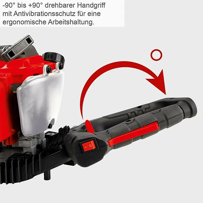 Scheppach Benzin-Heckenschere BHS650 - 0,65 kW, Schnittlänge: 560 mm, Max. Aststärke: 27 mm - Die Abbildung zeigt einen um -90° bis +90° drehbaren Handgriff einer Heckenschere mit Antivibrationsschutz für ergonomisches Arbeiten.