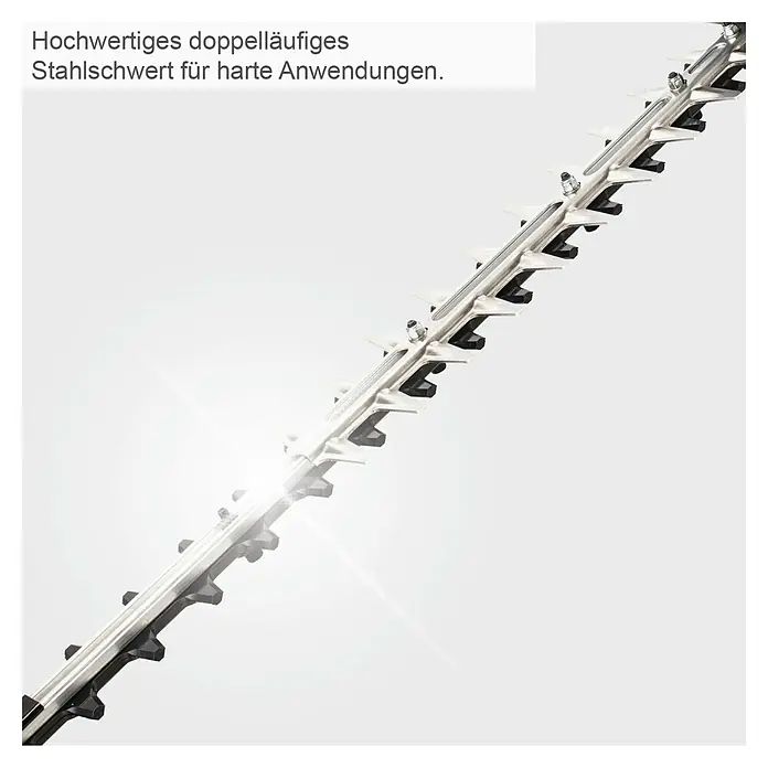 Scheppach Benzin-Heckenschere BHS650 - 0,65 kW, Schnittlänge: 560 mm, Max. Aststärke: 27 mm - Hochwertiges Doppelschwert für robuste Anwendungen, ideal für präzise Schnitte und lange Haltbarkeit.