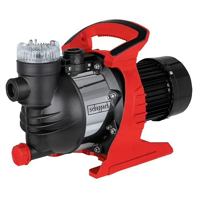 Scheppach Gartenpumpe GP1400JET - 1.300 W, Max. Fördermenge: 6.000 l/h - Rot-schwarze Hauswasserpumpe mit robustem Metallgehäuse und transparentem Filtergehäuse.
