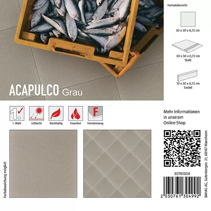 Fliesenmuster Acapulco - 15 x 15 cm, Grau, Matt - Acapulco Grau Feinsteinzeug Fliese, in verschiedenen Formaten (Fliese, Stufe, Sockel) dargestellt.
