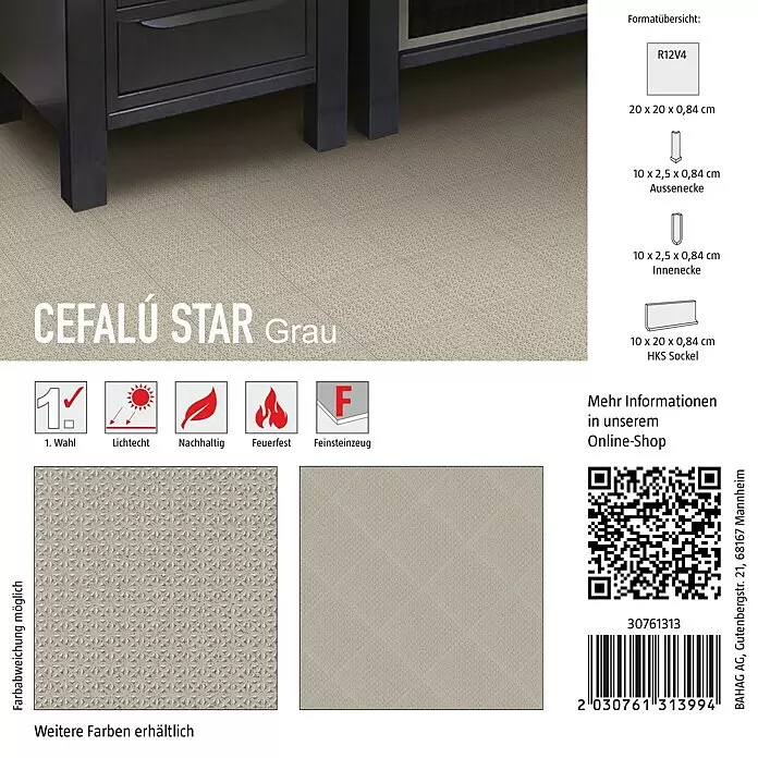 Fliesenmuster Cefalu - 15 x 15 cm, Stargrau, Matt - Graue Feinsteinzeugfliese CEFALÚ STAR mit sternförmigem Muster als Bodenbelag in einem Raum.