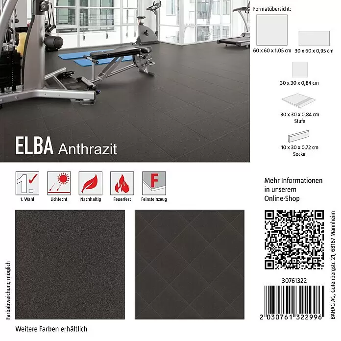 Fliesenmuster Elba - 15 x 15 cm, Anthrazit, Matt - Dunkelgraue Feinsteinzeugfliesen 'ELBA Anthrazit' in einem Fitnessstudio, verschiedene Formate und Zubehörteile.