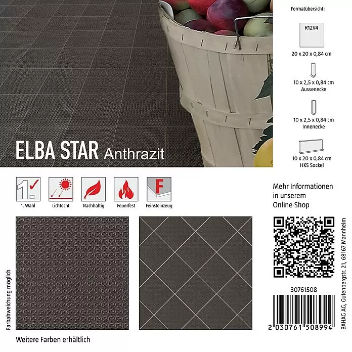 Fliesenmuster Elba Star - 15 x 15 cm, Anthrazit, Matt - Dunkelgraue ELBA STAR Feinsteinzeugfliesen mit strukturierter, geometrisch gemusterter Oberfläche.