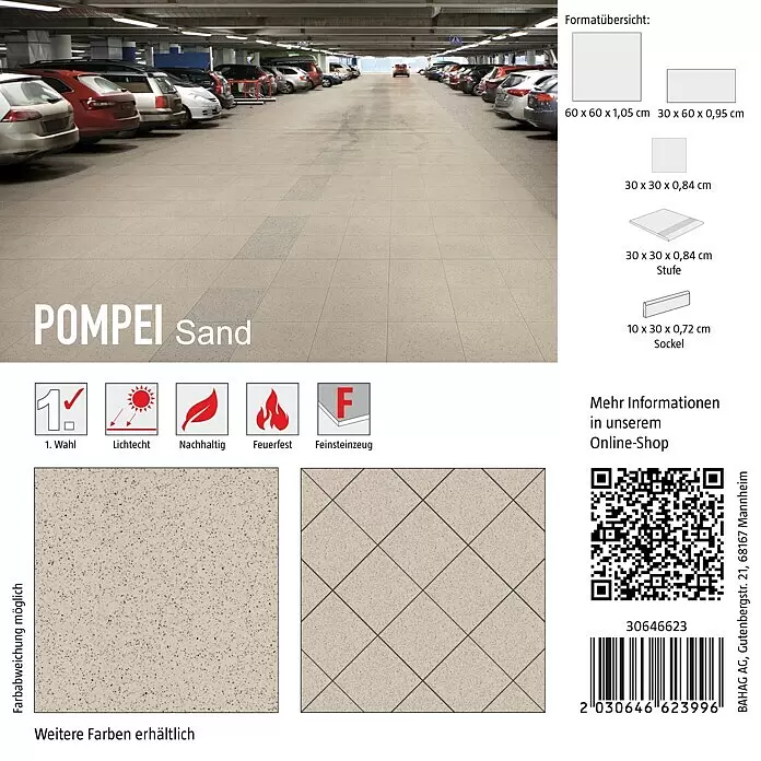 Fliesenmuster Pompei - 15 x 15 cm, Sand, Matt - POMPEI Sand Feinsteinzeug-Fliesen als robuster Bodenbelag in einer Tiefgarage, mit gesprenkelter beiger Oberfläche.