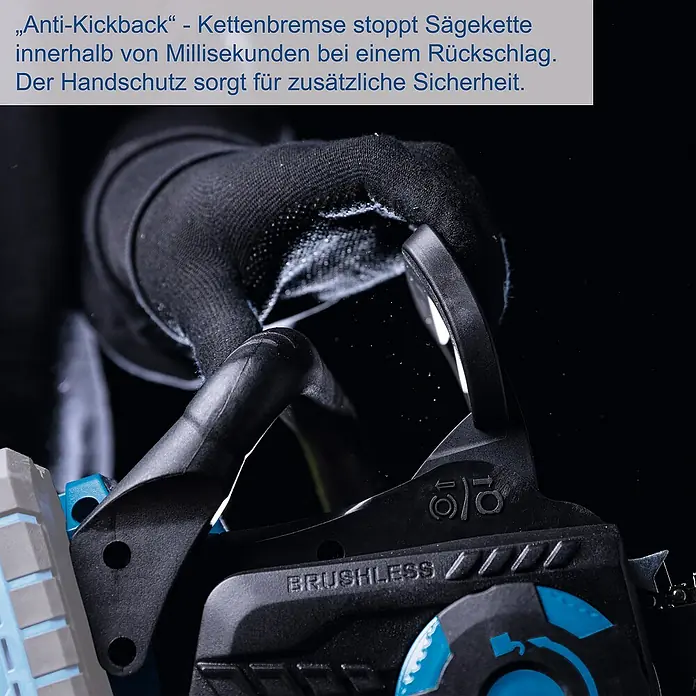 Scheppach IXES 20V Akku-Kettensäge BC-CS355DUO-X - 40 V, Ohne Akku, Schwertlänge: 35,6 cm - Detailaufnahme einer Akku-Kettensäge mit „Anti-Kickback“-Kettenbremse und Handschutz für zusätzliche Sicherheit.