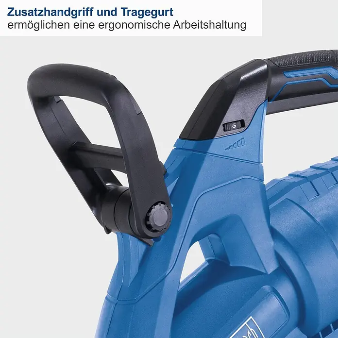 Scheppach IXES 20V Akku-Laubsauger & -Laubbläser BC-BLV720-X - Ohne Akku, Blasleistung: 720 m³/h, Blasgeschwindigkeit: 210 km/h - Zusatzhandgriff und Tragegurt des blauen Laubsaugers ermöglichen eine ergonomische Arbeitshaltung und erhöhen den Komfort bei der Gartenarbeit.