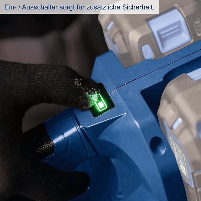 Scheppach IXES 20V Akku-Kettensäge BC-CS355DUO-X - 40 V, Ohne Akku, Schwertlänge: 35,6 cm - Ein-/Ausschalter für zusätzliche Sicherheit des blauen Elektrowerkzeugs mit grün leuchtender Anzeige.