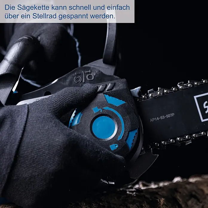 Scheppach IXES 20V Akku-Kettensäge BC-CS355DUO-X - 40 V, Ohne Akku, Schwertlänge: 35,6 cm - Nahaufnahme einer Akku-Kettensäge, bei der die Sägekette über ein Stellrad gespannt wird. Das Gerät ist benutzerfreundlich.