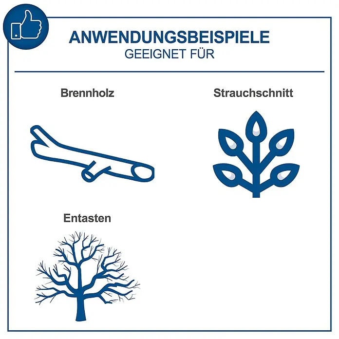 Scheppach IXES 20V Akku-Kettensäge BC-CS355DUO-X - 40 V, Ohne Akku, Schwertlänge: 35,6 cm - Anwendungsbeispiele: Geeignet für Brennholz, Strauchschnitt und Entasten, dargestellt durch Icons.