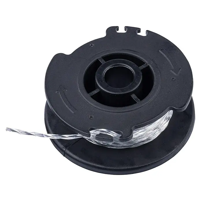 Scheppach IXES 20V Ersatzfadenspule - Fadenlänge: 4 m, Fadenstärke: 1,6 mm, Passend für: Scheppach IXES 20V Akku-Rasentrimmer C-LT300-X - Nahaufnahme einer Spule mit Fadentrimmer-Faden, die die Wendungen und die Textur des klaren, verdrehten Fadens zeigt.