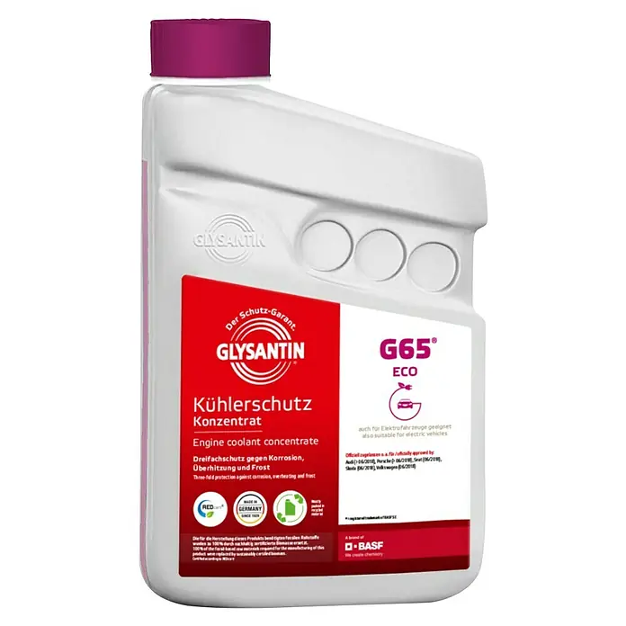 Glysantin Kühlerfrostschutz G65 ECO BMB 100 Konzentrat - 1 l - Bild einer Glysantin G65 ECO Kühlerschutz-Konzentrat-Flasche, die für den Schutz von Elektromotoren vor Korrosion, Überhitzung und Frost sorgt.