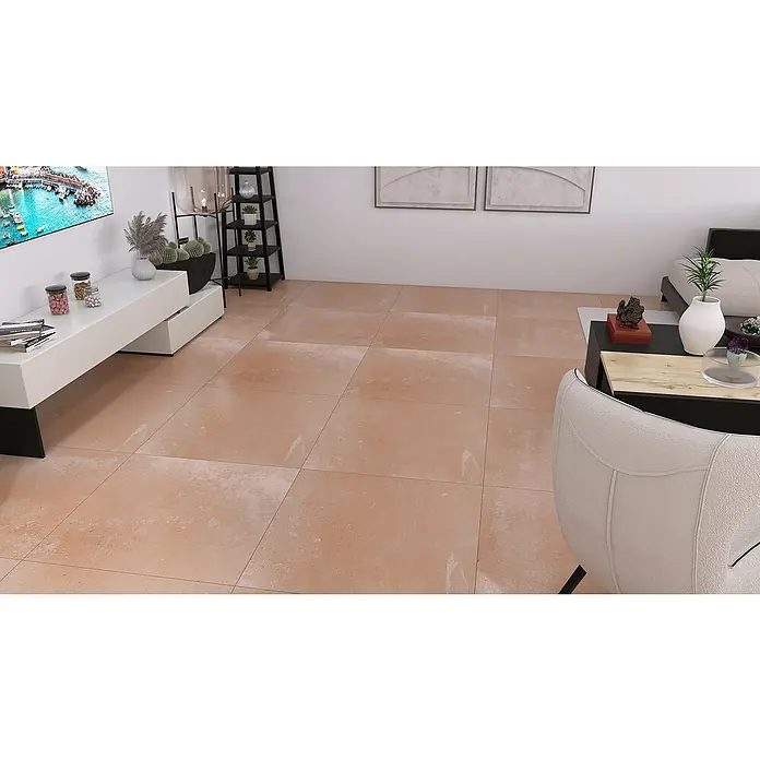 Feinsteinzeugfliese Chateau - 100 x 100 cm, Cotto/Beige, Matt - Großformatige Bodenfliesen in einem Wohnzimmer, die eine warme und einladende Atmosphäre schaffen. Die Fliesen sind robust und pflegeleicht.