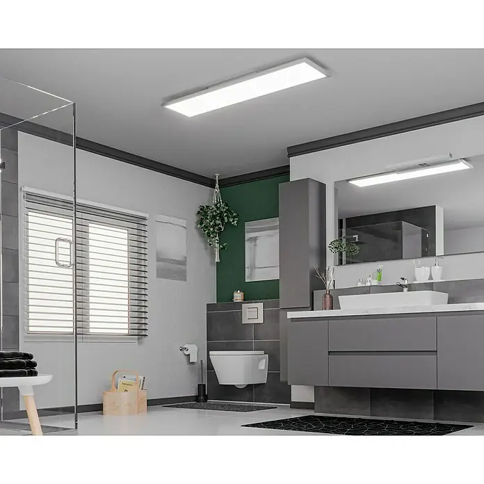 Lavida LED-Panel IP44 - 45 W, L x B x H: 120 x 30 x 6 cm, Weiß, Mehrfarbig - Ein modernes Badezimmer mit grauer Einrichtung und LED-Beleuchtung. Die perfekte Kombination aus Stil und Funktionalität für Ihr Zuhause.