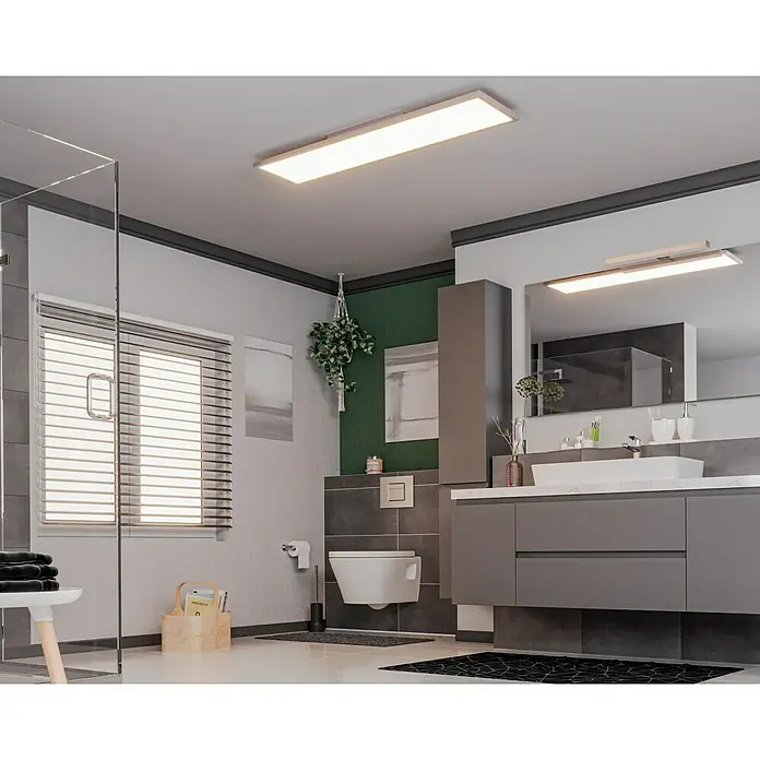 Lavida LED-Panel IP44 - 45 W, L x B x H: 120 x 30 x 6 cm, Weiß, Mehrfarbig - Badezimmer mit rechteckiger Deckenleuchte, Waschtisch mit Spiegel und hängender Toilette. Helle und moderne Einrichtung.
