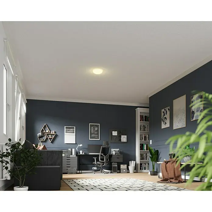 Tween Light LED-Deckenleuchte rund Eco - 11,5 W, Ø x H: 26 x 8,5 cm, Opal/Weiß, Warmweiß - Ein gut beleuchteter Raum mit Deckenleuchte. Das Zimmer verfügt über einen Schreibtisch, Stuhl und Pflanzen für ein produktives Ambiente.
