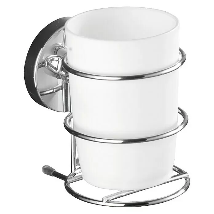 Wenko Milazzo Zahnputzbecher Vacuum-Loc - Glas, Silber - Wandmontierter Zahnbürstenhalter mit Chrom-Metallrahmen und weißem Milchglasbecher.