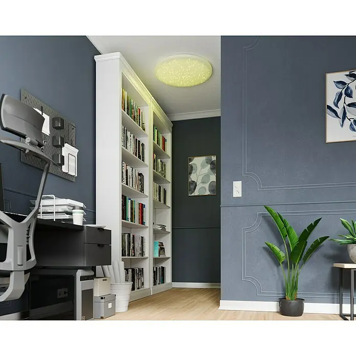 Tween Light LED-Deckenleuchte rund Skyler Star RGBW - 80 W, Ø x H: 74 x 10 cm, Weiß, RGBW - Ein hell erleuchtetes, modernes Büro mit einem großen Bücherregal, einem Schreibtisch und Zimmerpflanzen. Die Deckenleuchte sorgt für angenehmes Licht.