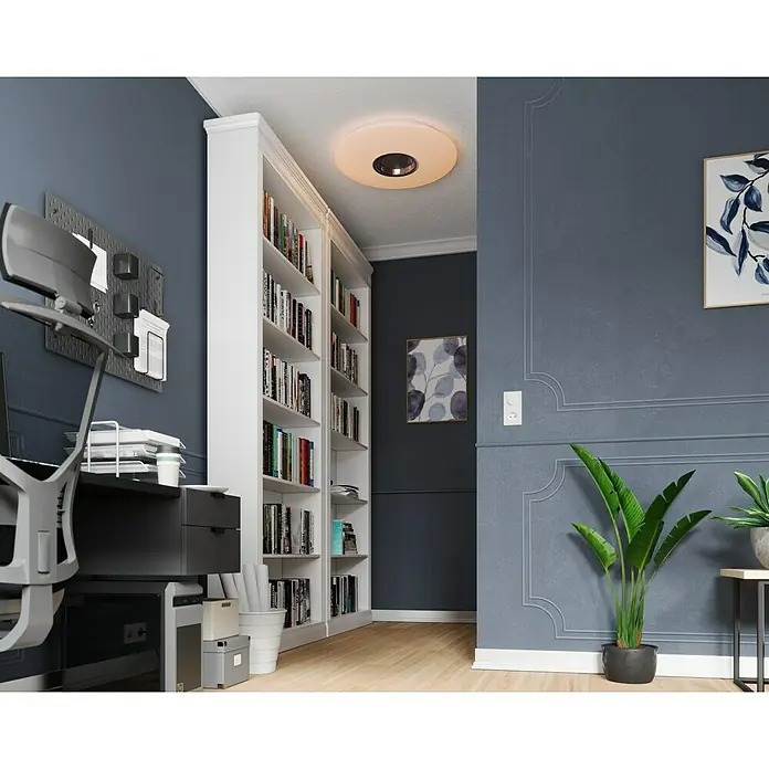 Tween Light LED-Deckenleuchte rund - 24 W, Weiß, RGBW - Eine detailreiche Aufnahme eines beleuchteten Bücherregals, das eine beeindruckende Sammlung von Büchern zeigt und die Eleganz des Raumes hervorhebt.