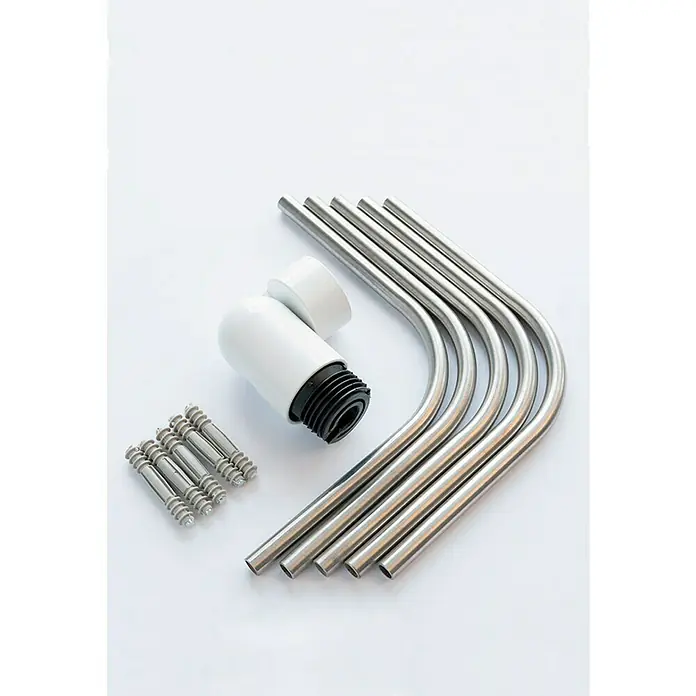 Solid Elements Pieza angular para esquinas de barandillas Sow 210 - Blanco, Acero inoxidable - Vista de un conjunto de cinco varillas de metal dobladas, tornillos y un objeto cilíndrico blanco, probablemente piezas para ensamblar un mueble.