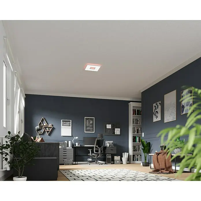 LED-Deckenleuchte Ellia - 24 W, L x B x H: 45 x 45 x 5 cm, Weiß, RGB - Das Bild zeigt eine moderne Deckenleuchte mit quadratischem Design und roter Umrandung, die in einem stilvollen Arbeitszimmer installiert ist.