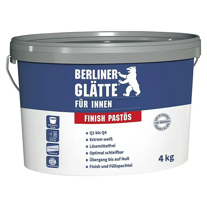 Berliner Glätte Füll- & Glättspachtel Finish Pastös - 4 kg - Dose Berliner Glätte Finish Pastös für Innen, 4 kg. Gebrauchsfertig, lösemittelfrei und optimal schleifbar.