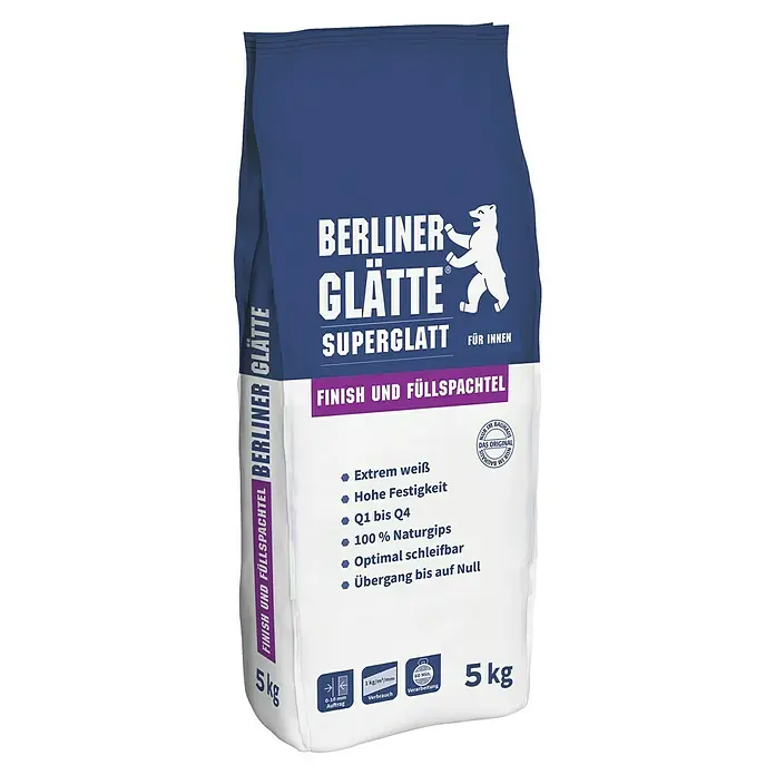 Berliner Glätte Füll- & Glättspachtel Finish superglatt - 5 kg - Bild eines 5 kg Sacks Berliner Glätte Superglatt Finish- und Füllspachtel, ideal für Innenräume.