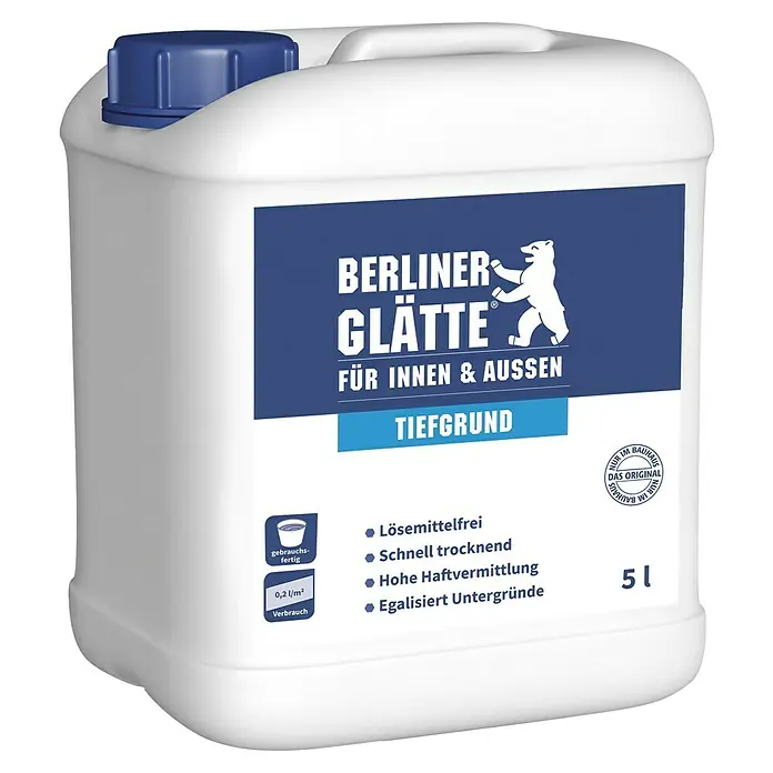 Berliner Glätte Tiefengrund - 5 l - Ein weißer 5-Liter-Kanister Berliner Glätte Tiefgrund für Innen- und Außenbereiche, lösungsmittelfrei und schnell trocknend.