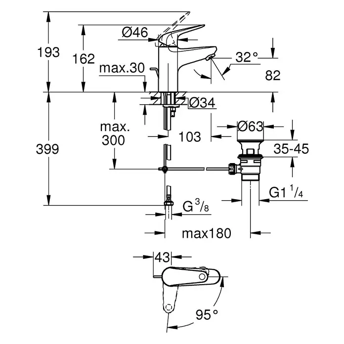 Grohe QuickFix Grifo de lavabo Swift S - Cromo, Brillante - Un dibujo detallado del grifo con todas las dimensiones, como 193, 162, 32°, máx. 30, 82, diámetros 46 y 34.