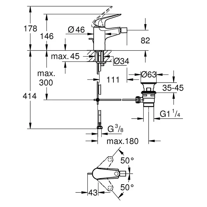Grohe Swift Grifo monomando de bidé Swift - Cromo, Brillante - Esquema del grifo que incluye dimensiones de altura, diámetro y conexión para una planificación de instalación detallada.