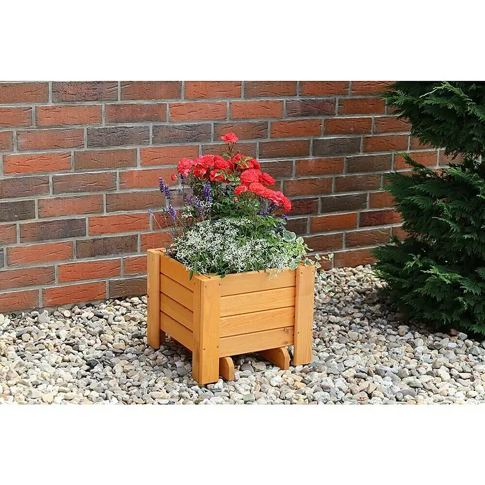 Promadino Pflanzkasten Romantica - Außenmaß (L x B x H): 40 x 38 x 34 cm, Holz, Honigbraun - Holzpflanzgefäß mit roten Rosen, Lavendel und weißen Blüten vor einer Ziegelmauer und unter einem grünen Baum.