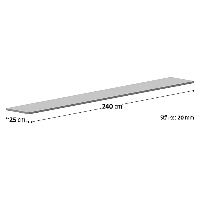 Fensterbank Impakt - 240 x 25 x 2 cm, Anthrazit, Naturstein - Produktabbildung eines rechteckigen Holzbrett mit den Maßen 240 cm Länge, 25 cm Breite und 20 mm Stärke.