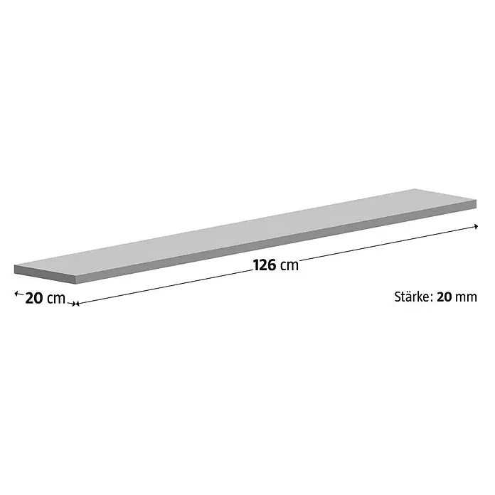 Fensterbank Bianco Carrara - 126 x 20 x 2 cm, Hellgrau, Naturstein - Abbildung eines langen, schmalen, grauen Holzbretts mit den Maßen 126 cm Länge, 20 cm Breite und 20 mm Dicke.