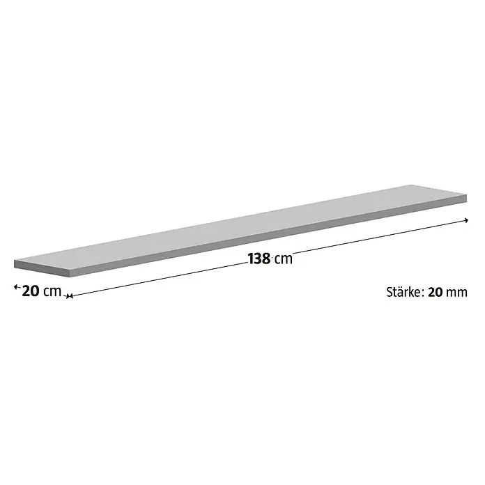 Fensterbank Jura - 138 x 20 x 2 cm, Braun/Beige/Gelb, Naturstein - Illustration eines grauen Regalbords mit den Maßen 138 cm Länge, 20 cm Breite und 20 mm Stärke.