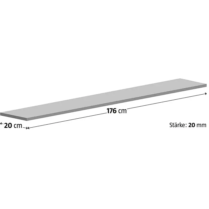 Fensterbank Bianco Carrara - 176 x 20 x 2 cm, Hellgrau, Naturstein - Illustration eines langen, grauen Holzbretts mit den Maßen 176 cm Länge, 20 cm Breite und 20 mm Stärke.