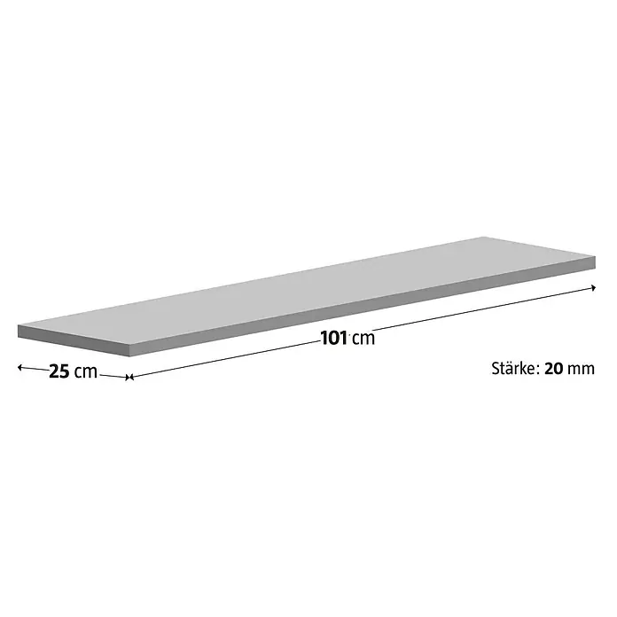 Fensterbank Bianco Cordo - 101 x 25 x 2 cm, Grau, Naturstein - Abbildung einer grauen Regalplatte mit den Maßen 101 cm Länge, 25 cm Breite und 20 mm Stärke.\n