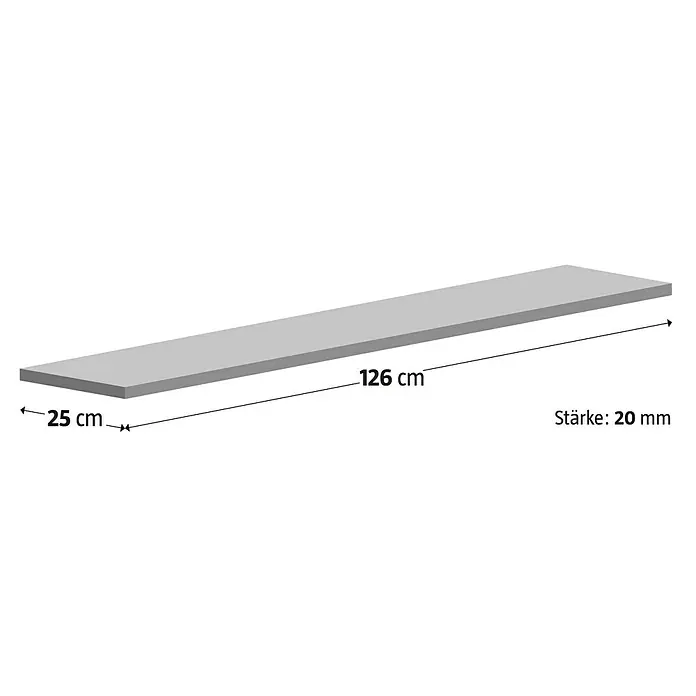 Fensterbank Impakt - 126 x 25 x 2 cm, Anthrazit, Naturstein - Produktbild einer grauen Platte mit den Maßen 126 cm Länge, 25 cm Breite und 20 mm Dicke.