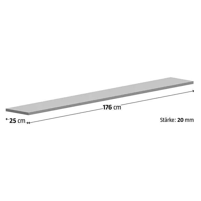Fensterbank Mountain White Micro - 176 x 25 x 2 cm, Weiß, Kunststein, Agglo-Marmor - Abbildung eines grauen Regalbodens mit den Maßen 176 cm Länge, 25 cm Breite und 20 mm Stärke.