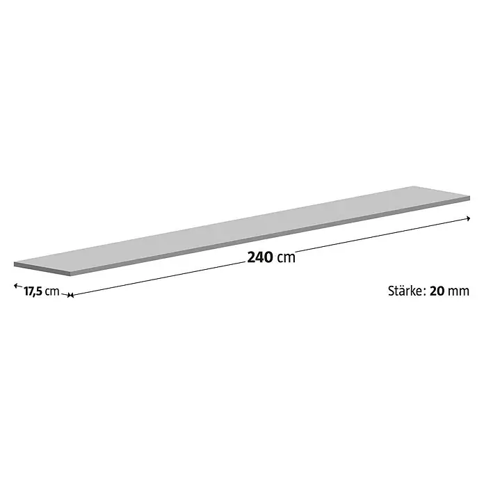 Fensterbank Impakt - 240 x 17,5 x 2 cm, Anthrazit, Naturstein - Abbildung eines 240 cm langen, 17,5 cm breiten und 20 mm dicken Holzbretts.