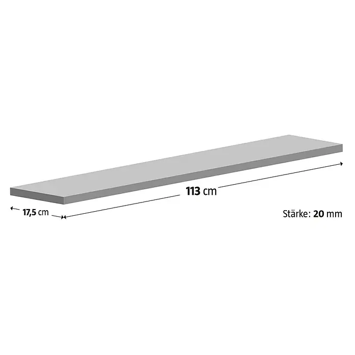 Fensterbank Impakt - 101 x 17,5 x 2 cm, Anthrazit, Naturstein - Produktbild einer grauen Regalplatte mit den Maßen 113cm Länge, 17,5cm Breite und 20mm Stärke.