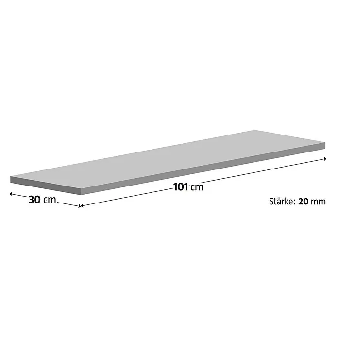 Fensterbank Jura - 101 x 30 x 2 cm, Braun/Beige/Gelb, Naturstein - Abbildung einer grauen Holzplatte mit den Maßen 101 cm Länge, 30 cm Breite und 20 mm Stärke.