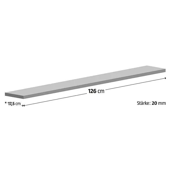Fensterbank Jura - 126 x 17,5 x 2 cm, Braun/Beige/Gelb, Naturstein - Abbildung eines 126 cm langen, 17,5 cm breiten und 20 mm dicken Holzbretts.