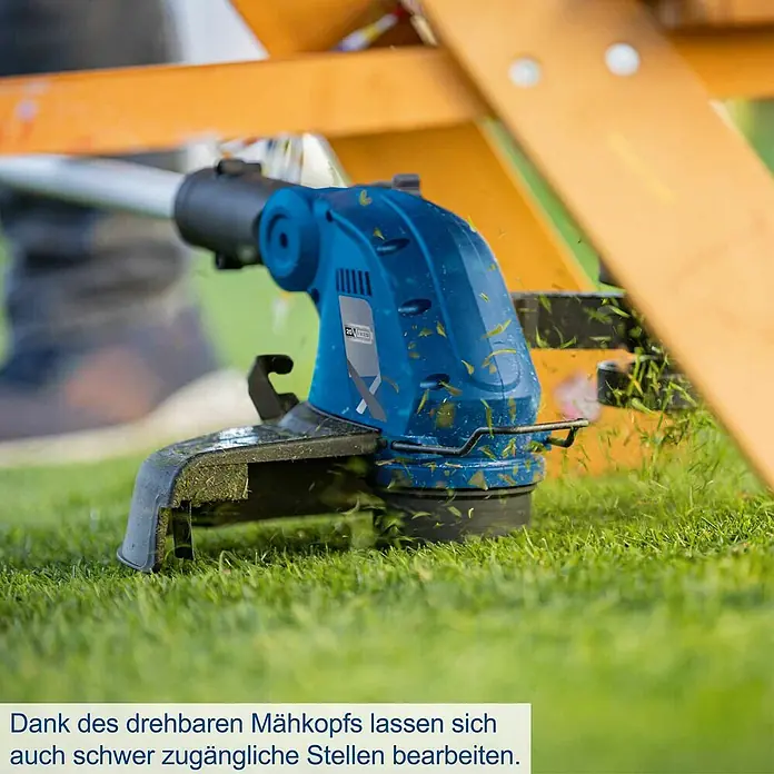 Scheppach IXES 20V Akku-Rasentrimmer C-LT300-X - 20 V, Li-Ionen, Ohne Akku, Schnittbreite Faden: 300 cm - Dank des drehbaren Mähkopfes lassen sich auch schwer zugängliche Stellen bearbeiten.