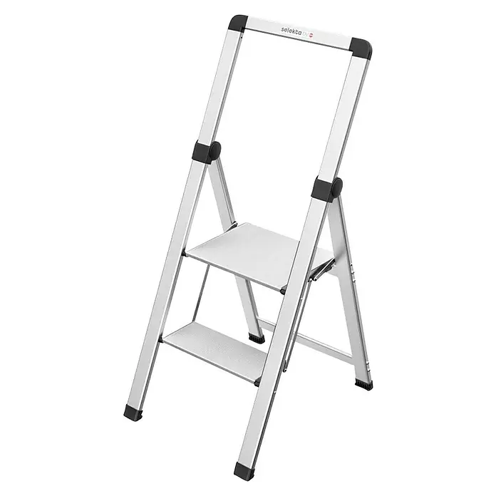 Hailo Doppel-Stehleiter DK40 2-stufig - Anzahl Tritte: 4 Stk., Arbeitshöhe: 240 cm, Belastbarkeit: 150 kg, Aluminium - Silberne Trittleiter mit zwei Stufen und einem Haltegriff für zusätzliche Sicherheit und Stabilität beim Erreichen höherer Stellen.