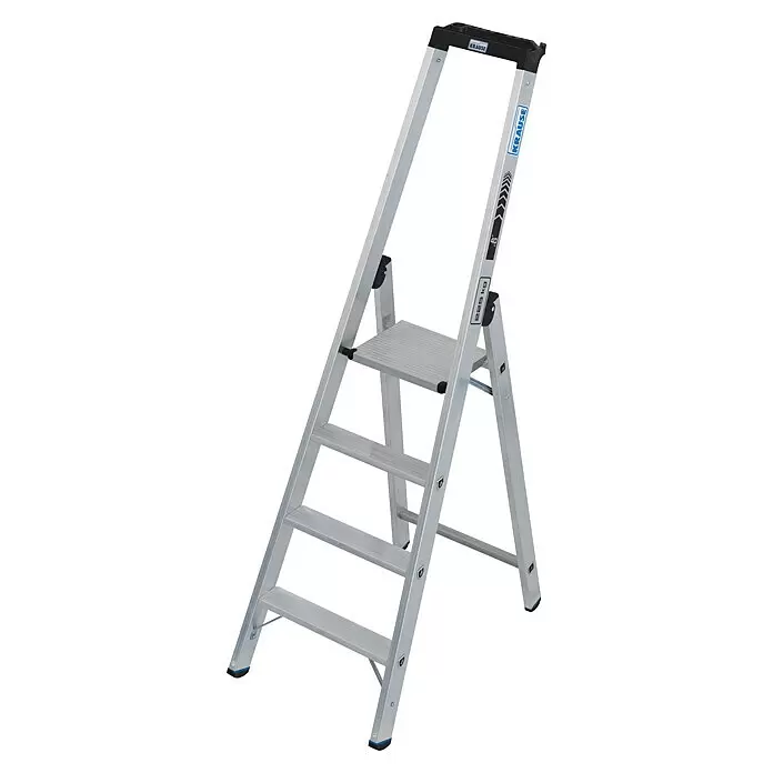 Krause Stabilo Stehleiter 4 Stufen - Anzahl Tritte: 4 Stk., Arbeitshöhe: 2,95 m, Belastbarkeit: 225 kg, Aluminium - Silberne Aluminium-Trittleiter mit schwarzer Ablagefläche, breiten Stufen und einer stabilen Plattform, belastbar bis 225 kg.