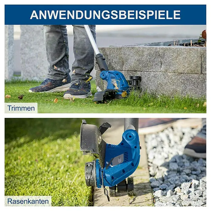 Scheppach IXES 20V Akku-Rasentrimmer C-LT300-X - 20 V, Li-Ionen, Ohne Akku, Schnittbreite Faden: 300 cm - Anwendungsbeispiele für den Rasentrimmer. Zwei Bilder zeigen das Trimmen und die Rasenkantenbearbeitung mit dem blauen Gartengerät.